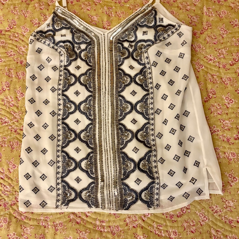 Whit House Black Market White Beaded Lined Top/Adjustable Straps XXS
